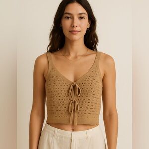 Madden Girl Brown Crochet Knit Tank Top XL • Tie Front • Boho Summer Neutral